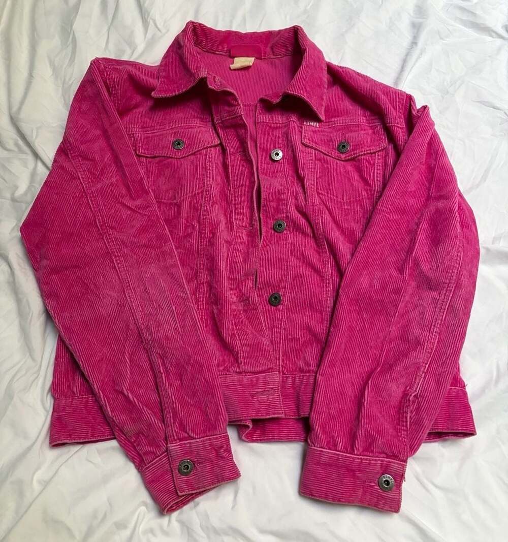 Ethyl Vintage Denim Hot Pink Corduroy Button-Front Trucker Jacket